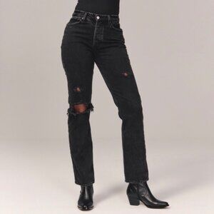 Abercrombie Curve Love Dark Wash Black Distressed Button Fly Dad Jeans Size 23